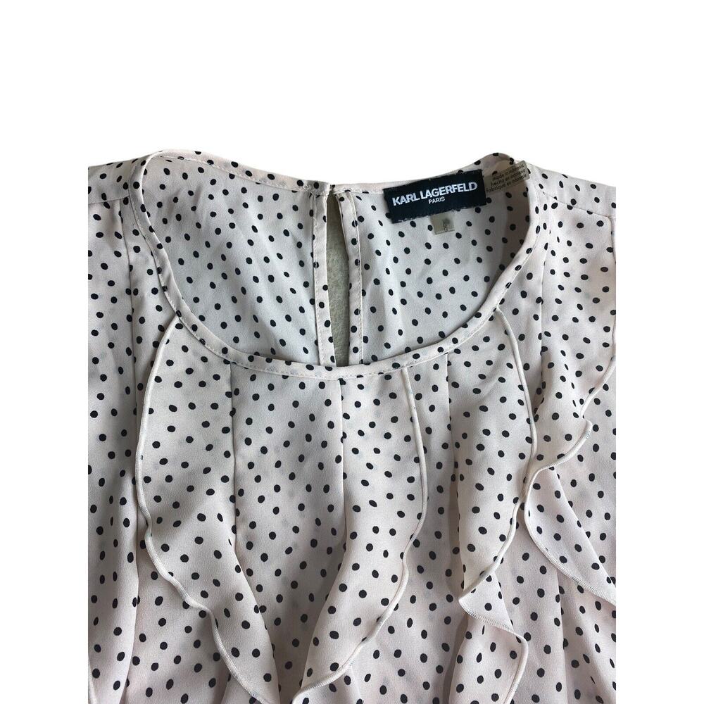 Karl Lagerfeld Sleeveless Blouse Sz Large Ruffled Pink Black Polka Dot Top - Picture 2 of 7